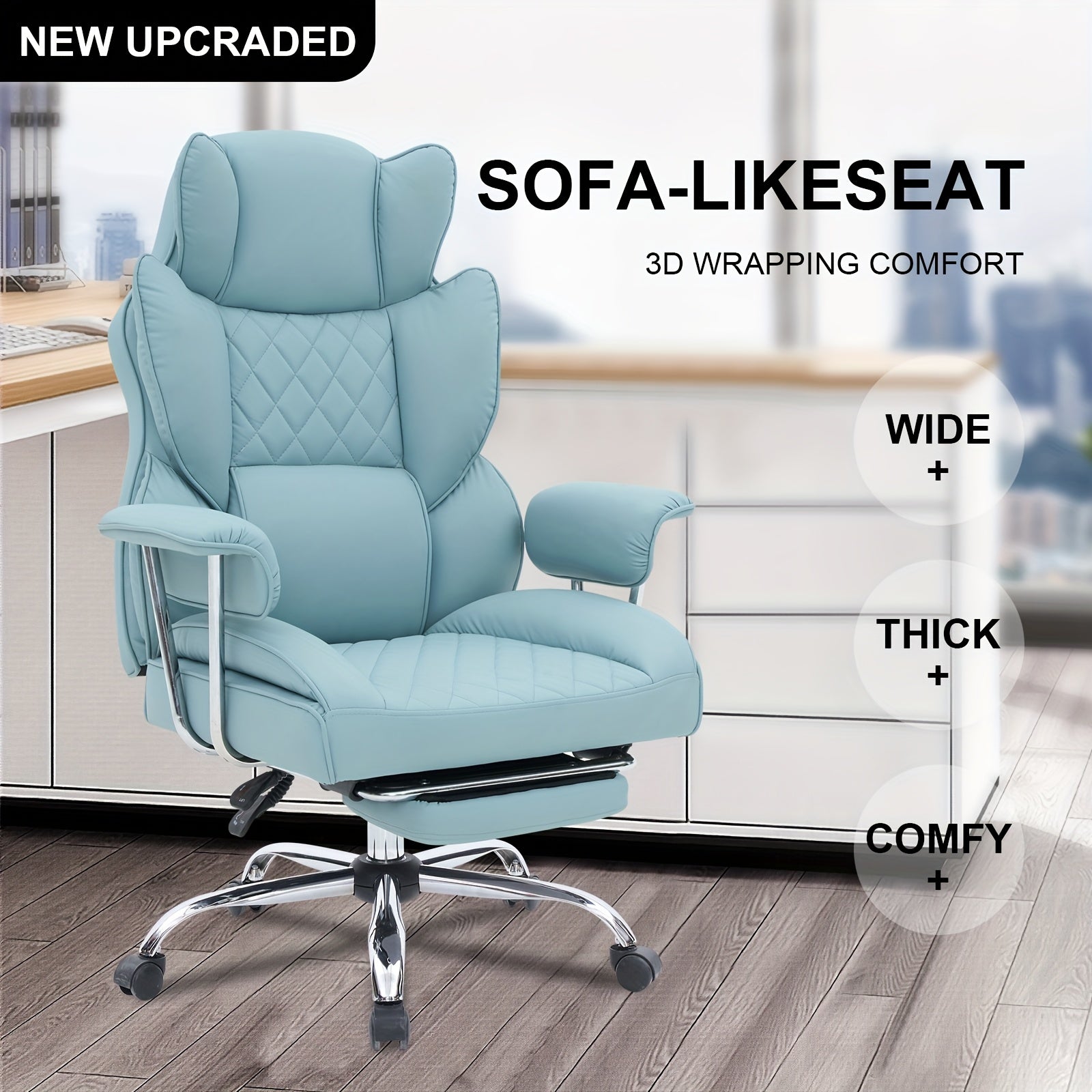 Office Chair with Lumbar Support, Wheels, Wood, Big Tall Ergonomic Footrest, Extra Wide - Baby Blue option