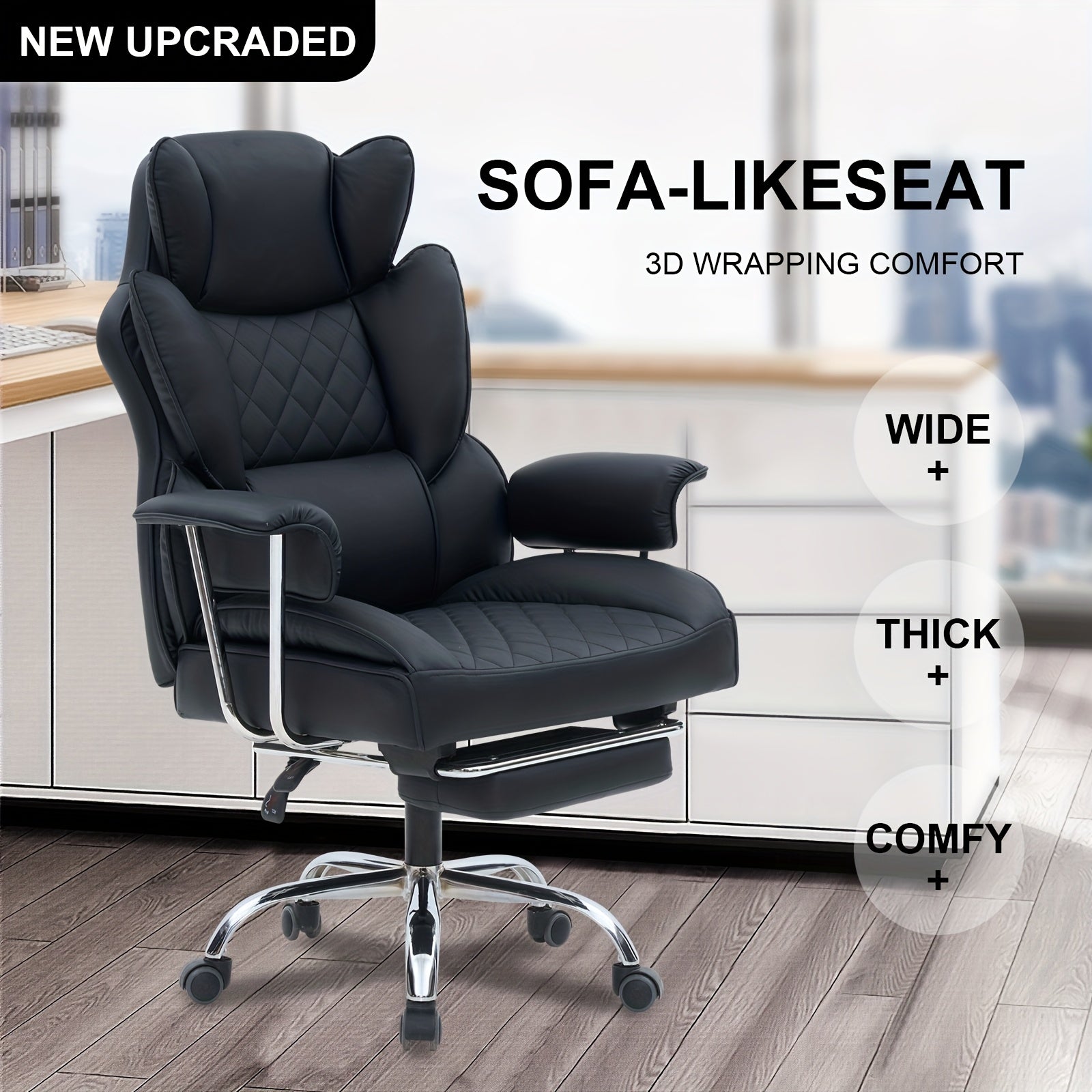 Office Chair with Lumbar Support, Wheels, Wood, Big Tall Ergonomic Footrest, Extra Wide