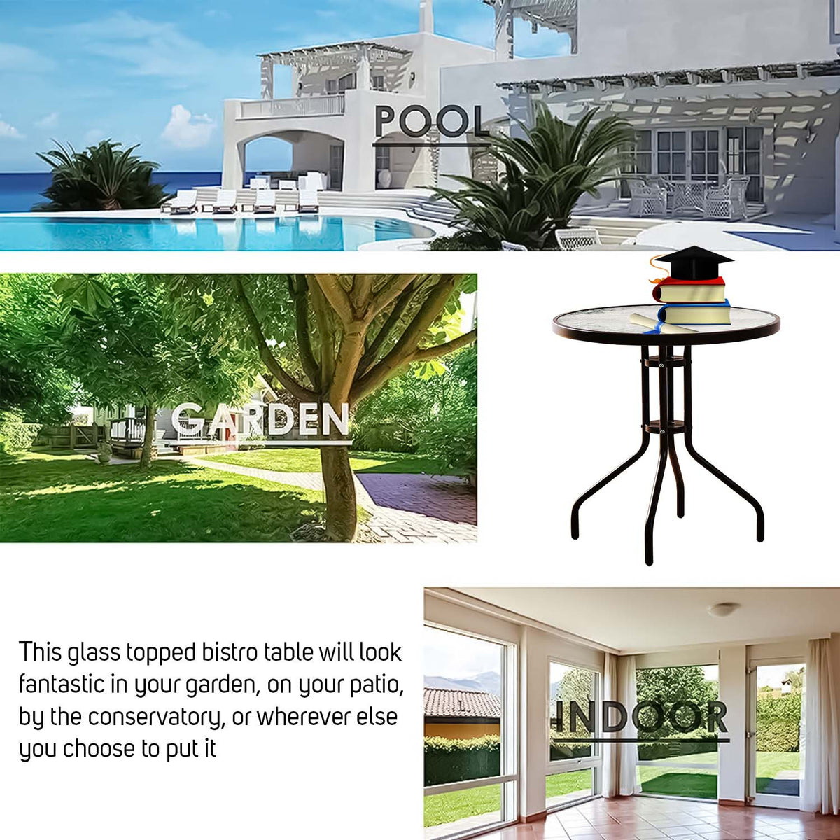 Outdoor Dining Table with Metal, Bistro Patio Garden Metal Glass Top - product gallery image 7