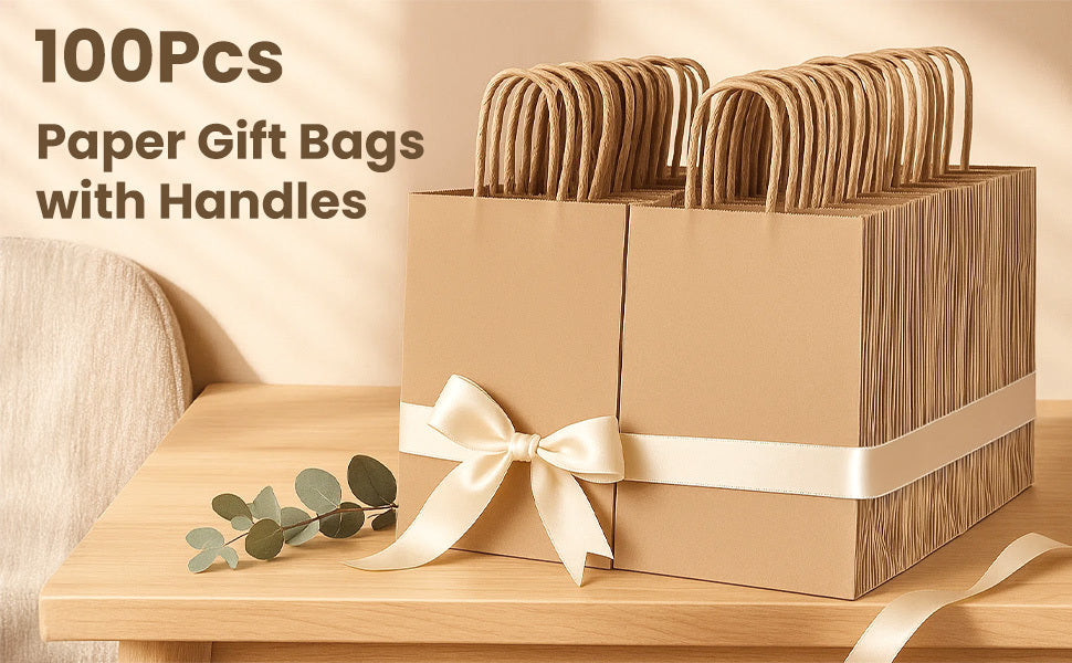 Paper Gift Bag with Plastic, 100 Pack, Kraft Bags Handles Thick Brown, Black - product gallery image 10