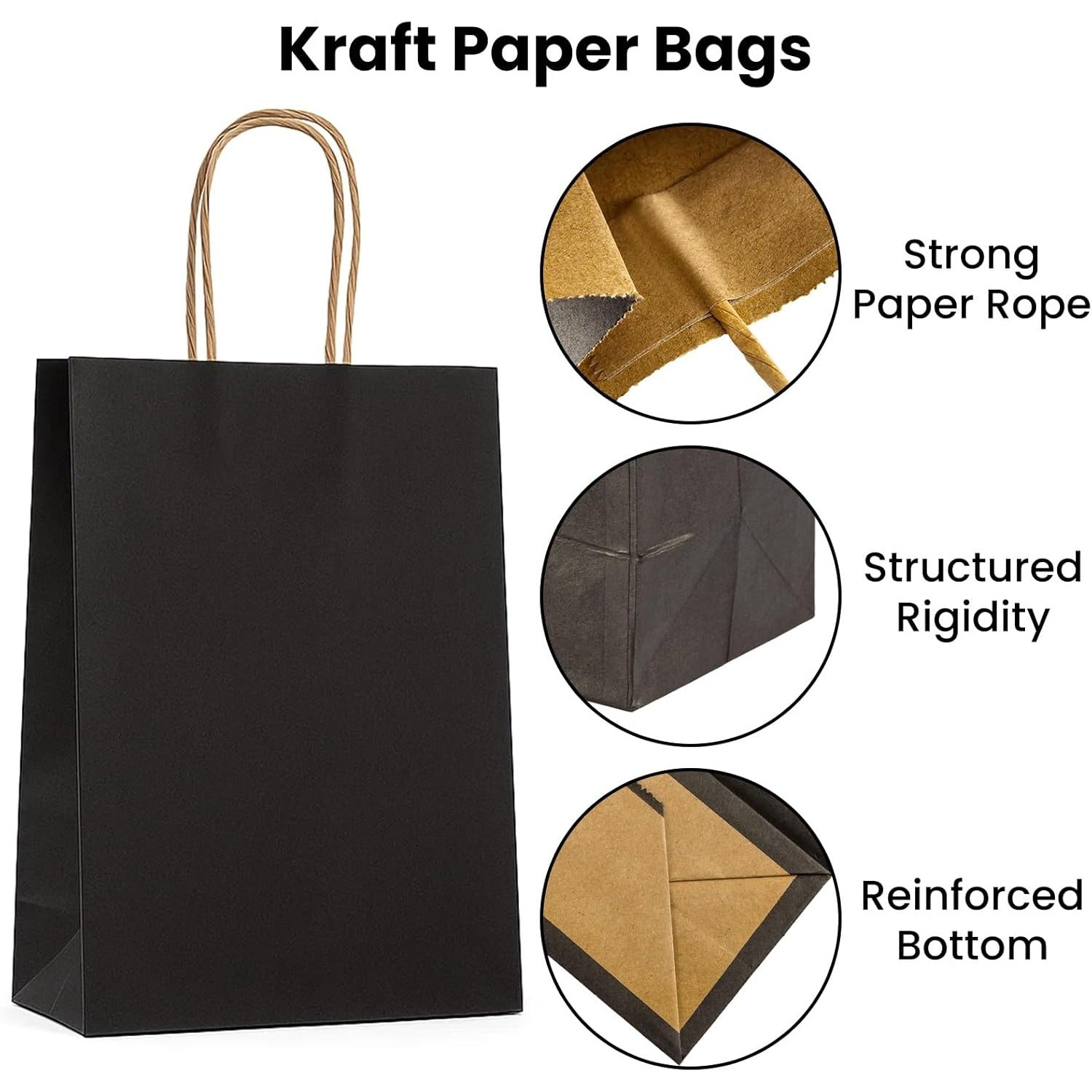 Paper Gift Bag with Plastic, 100 Pack, Kraft Bags Handles Thick Brown, Black - product gallery image 2