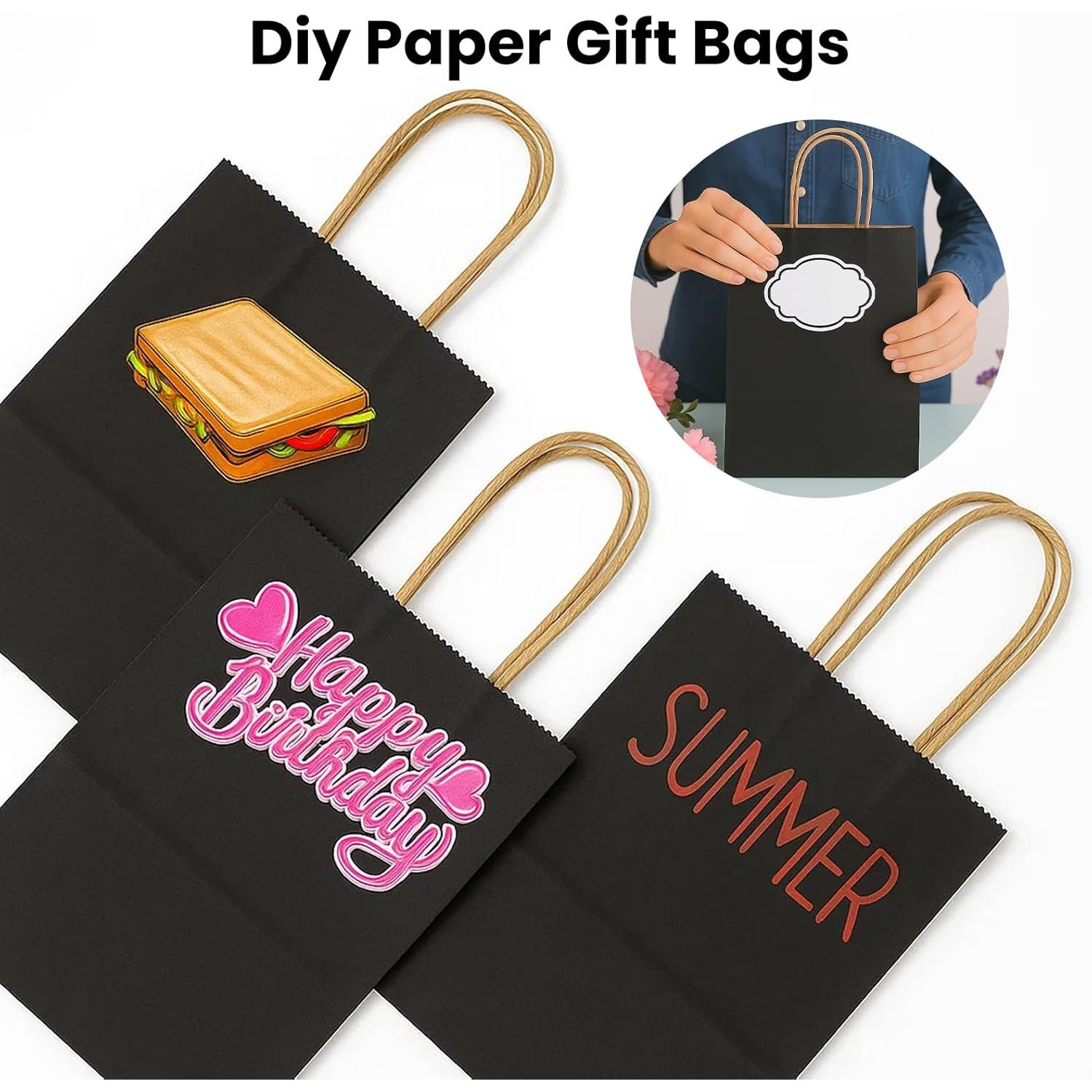 Paper Gift Bag with Plastic, 100 Pack, Kraft Bags Handles Thick Brown, Black - product gallery image 7