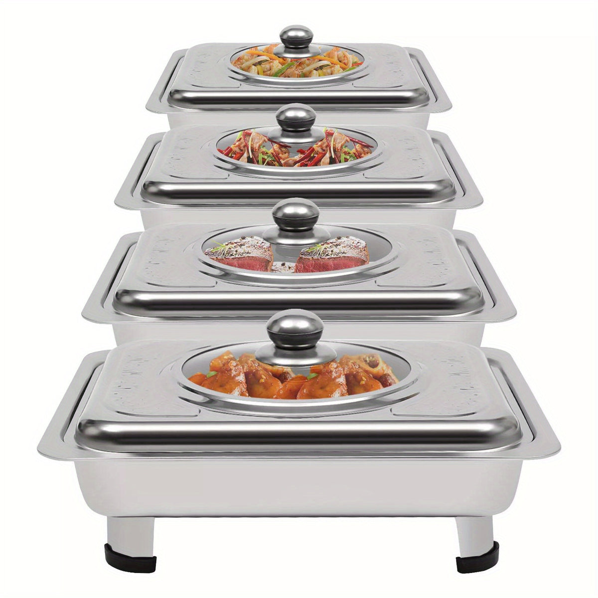 pcs Buffet Dish Tray Food Plate Server with Stainless Steel, 4pcs, Glass - Variant option