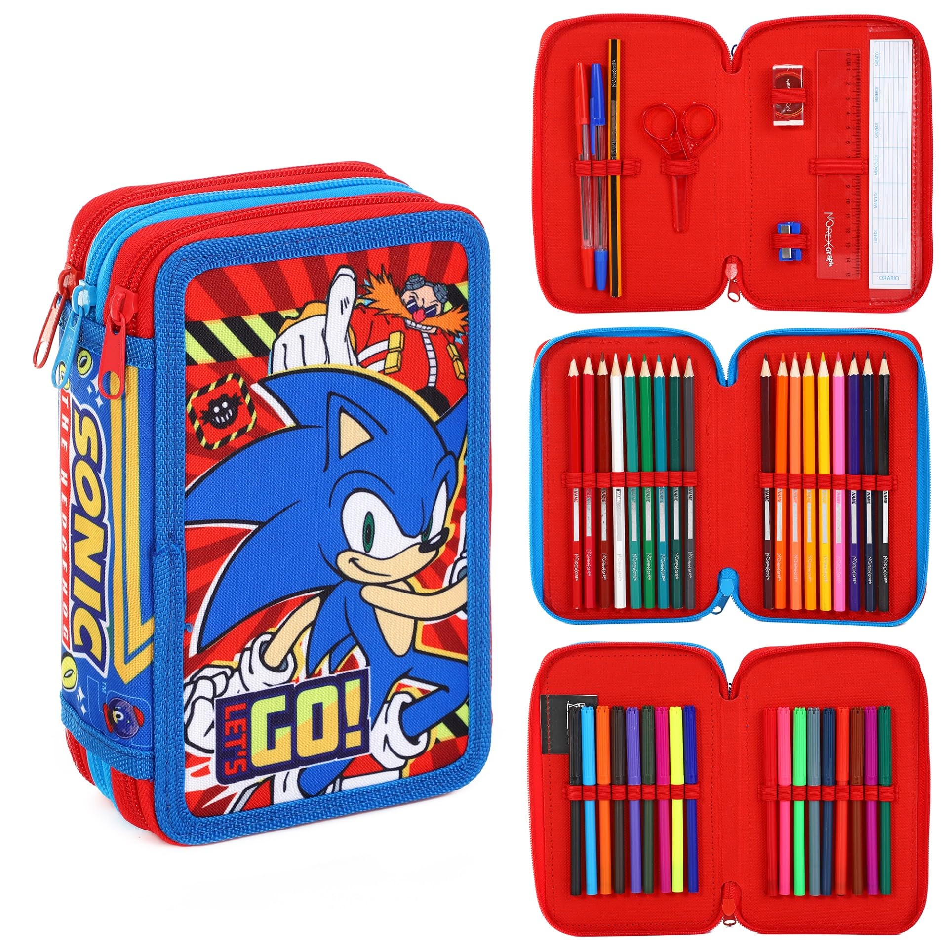 Pencil Case & Stationery Set with Plastic, Sonic Hedgehog Filled 3-Tier Kids Pens