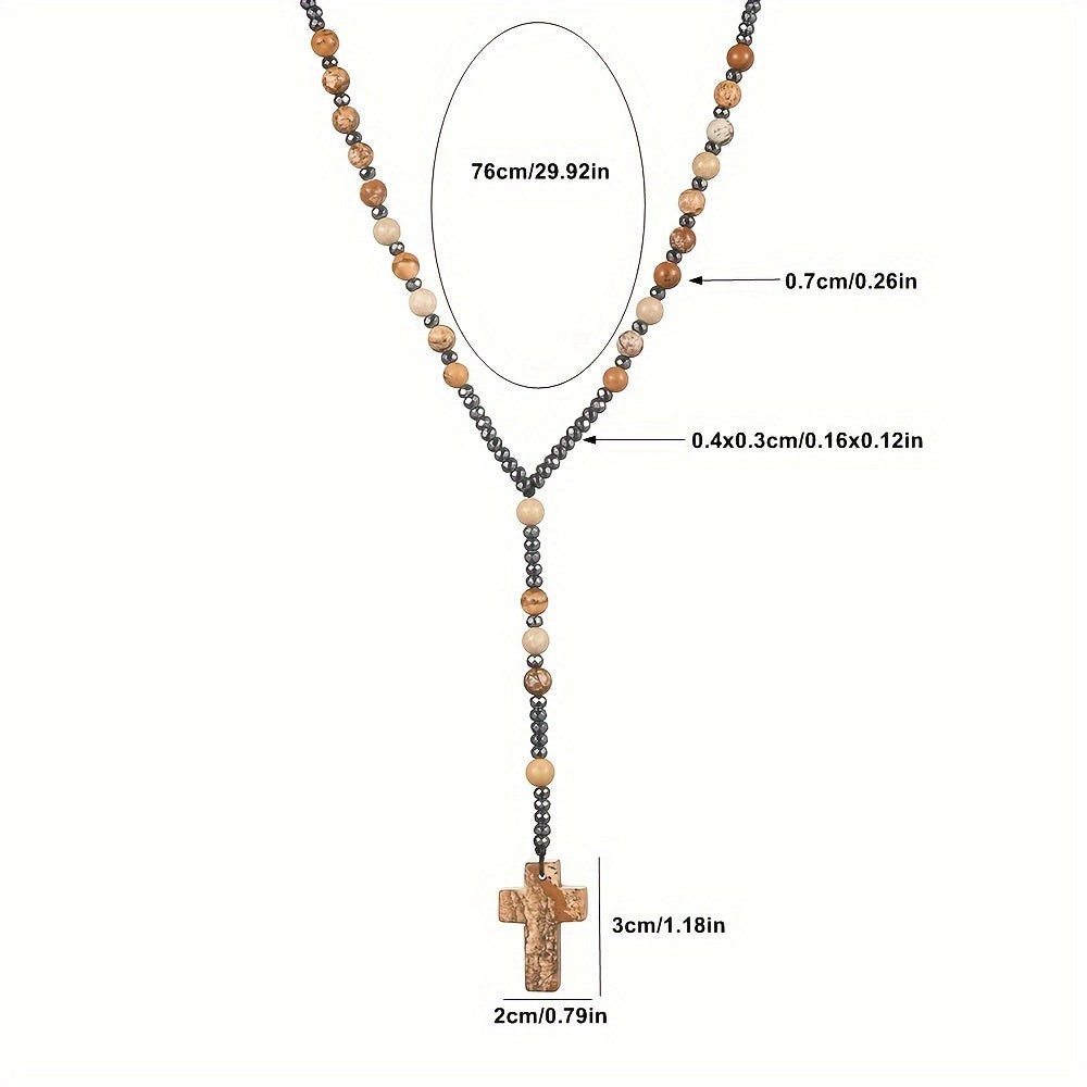 Pendant Necklace Natural Stone Beaded Cross Men Women - product gallery image 2