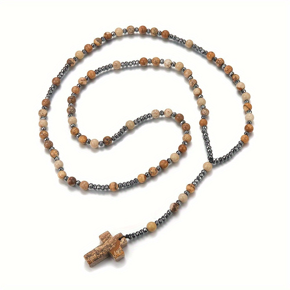 Pendant Necklace Natural Stone Beaded Cross Men Women - product gallery image 9
