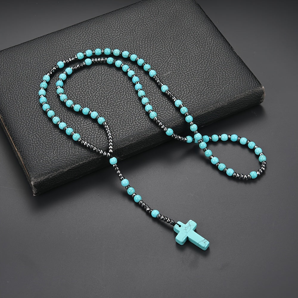 Pendant Necklace Natural Stone Beaded Cross Men Women - Green option