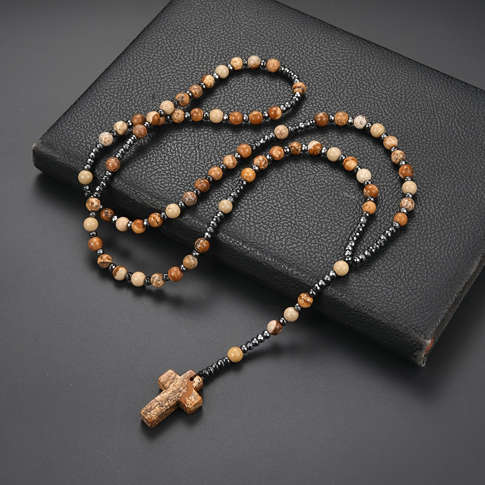 Pendant Necklace Natural Stone Beaded Cross Men Women