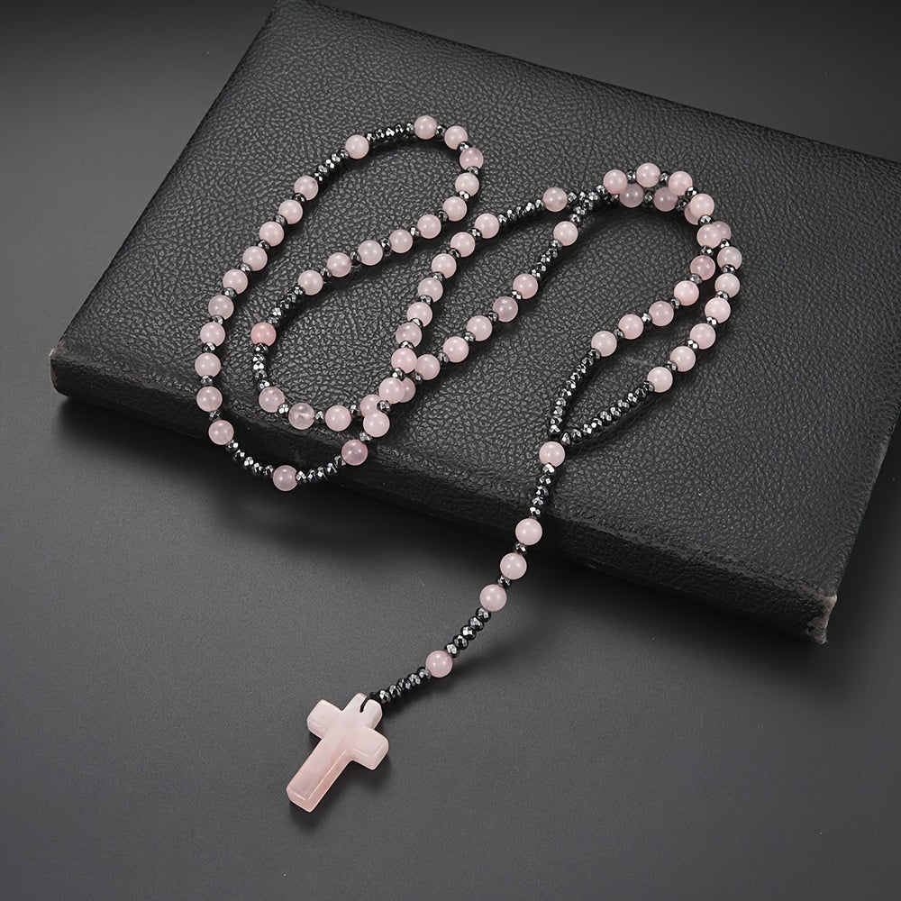 Pendant Necklace Natural Stone Beaded Cross Men Women - Pink option