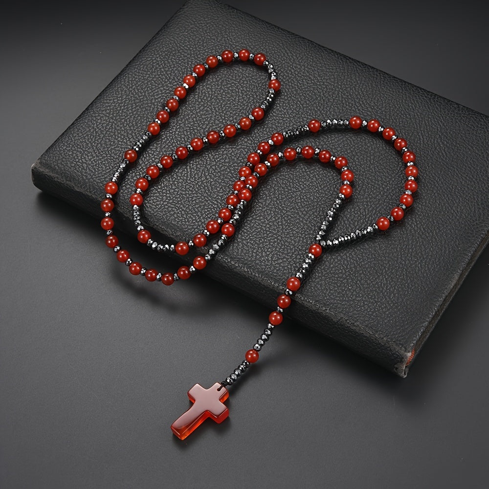 Pendant Necklace Natural Stone Beaded Cross Men Women - Red option