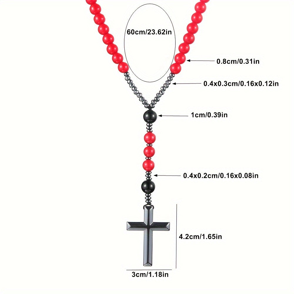 Pendant Necklace Red Beaded Hematite Cross Men Women - product gallery image 2