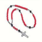 Pendant Necklace Red Beaded Hematite Cross Men Women - product gallery image 6