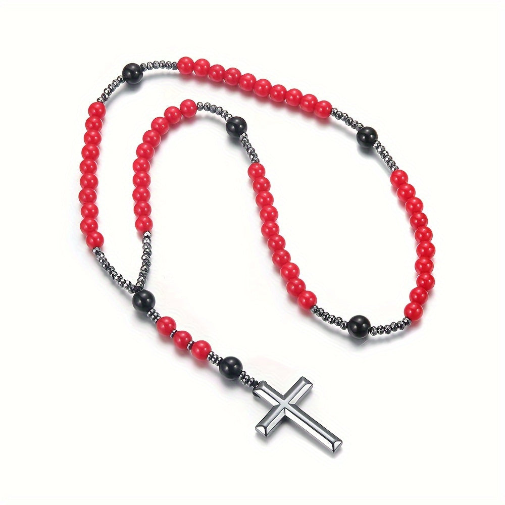 Pendant Necklace Red Beaded Hematite Cross Men Women - product gallery image 6