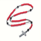 Pendant Necklace Red Beaded Hematite Cross Men Women - product gallery image 7