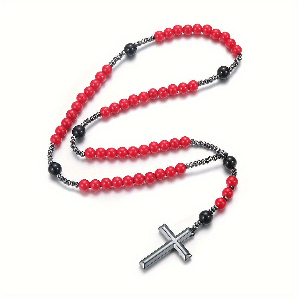 Pendant Necklace Red Beaded Hematite Cross Men Women - product gallery image 7