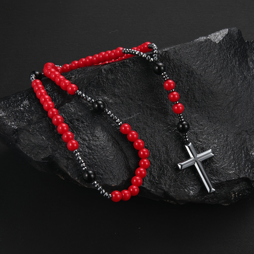 Pendant Necklace Red Beaded Hematite Cross Men Women