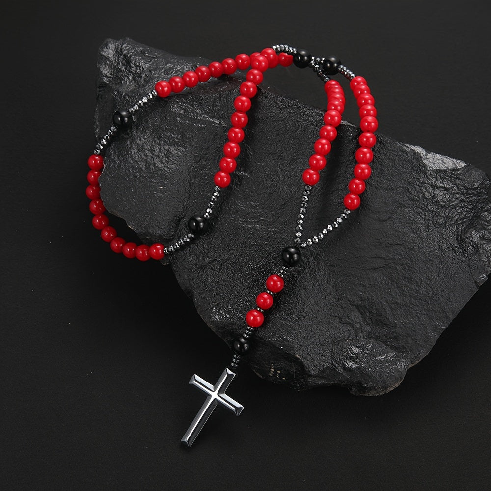 Pendant Necklace Red Beaded Hematite Cross Men Women - Red option
