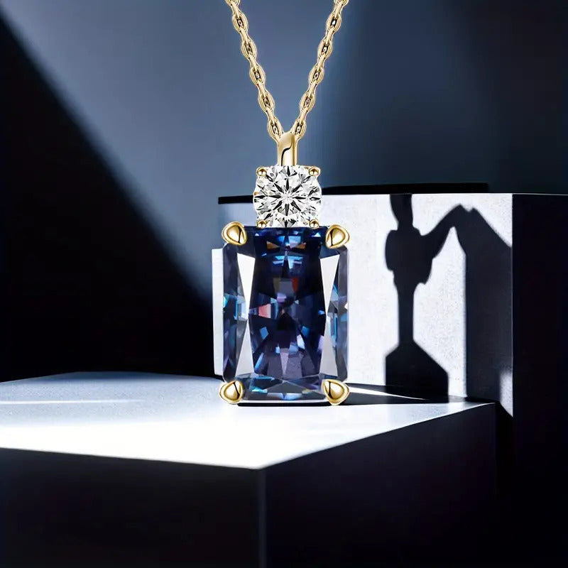 Pendant Necklace Silver Moissanite Blue Rectangular Perfume with Metal - product gallery image 3