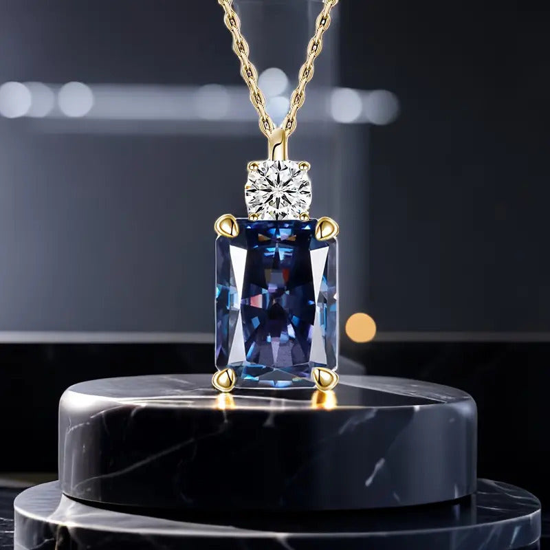 Pendant Necklace Silver Moissanite Blue Rectangular Perfume with Metal - Golden option