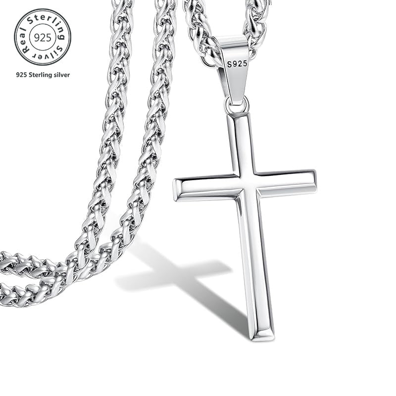 Pendant Necklace Sterling Silver Cuban Chain Cross Solid