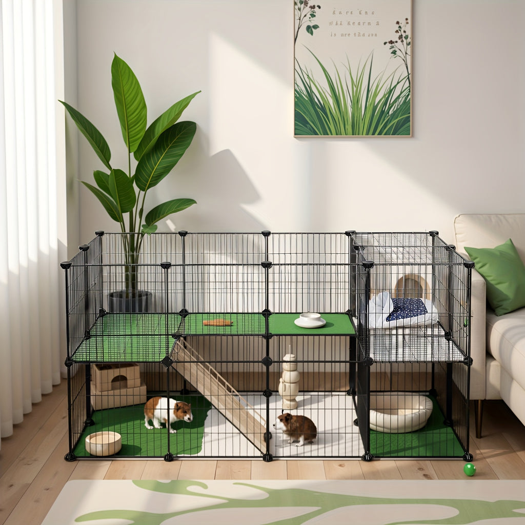 Pet Playpen with Lockable, Metal, Two-Storey Metal Grid Panels 143x73x71cm - Black option
