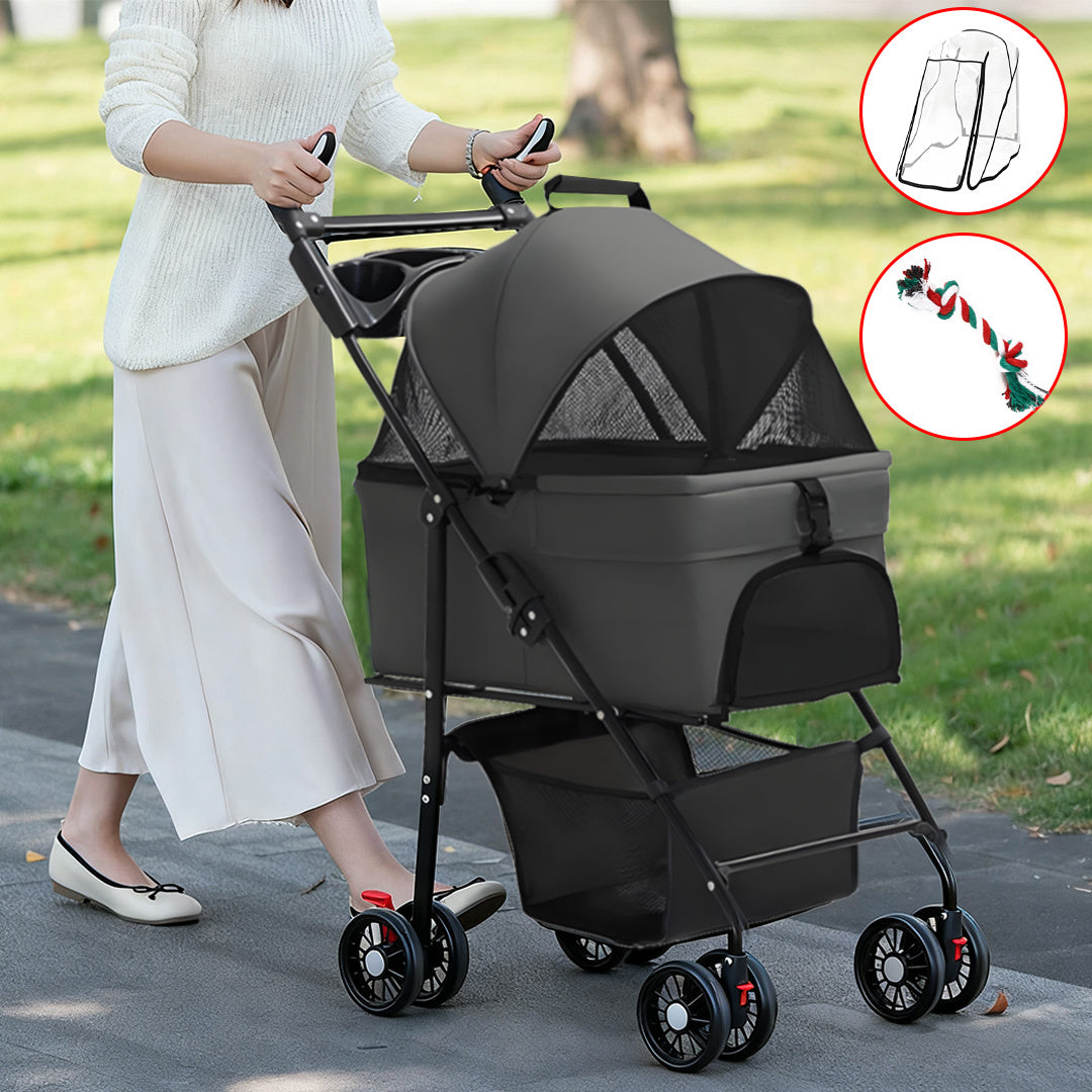 Pet Stroller with Foldable, Wheels, Foldable Ventilated Cabin Rain Cover
