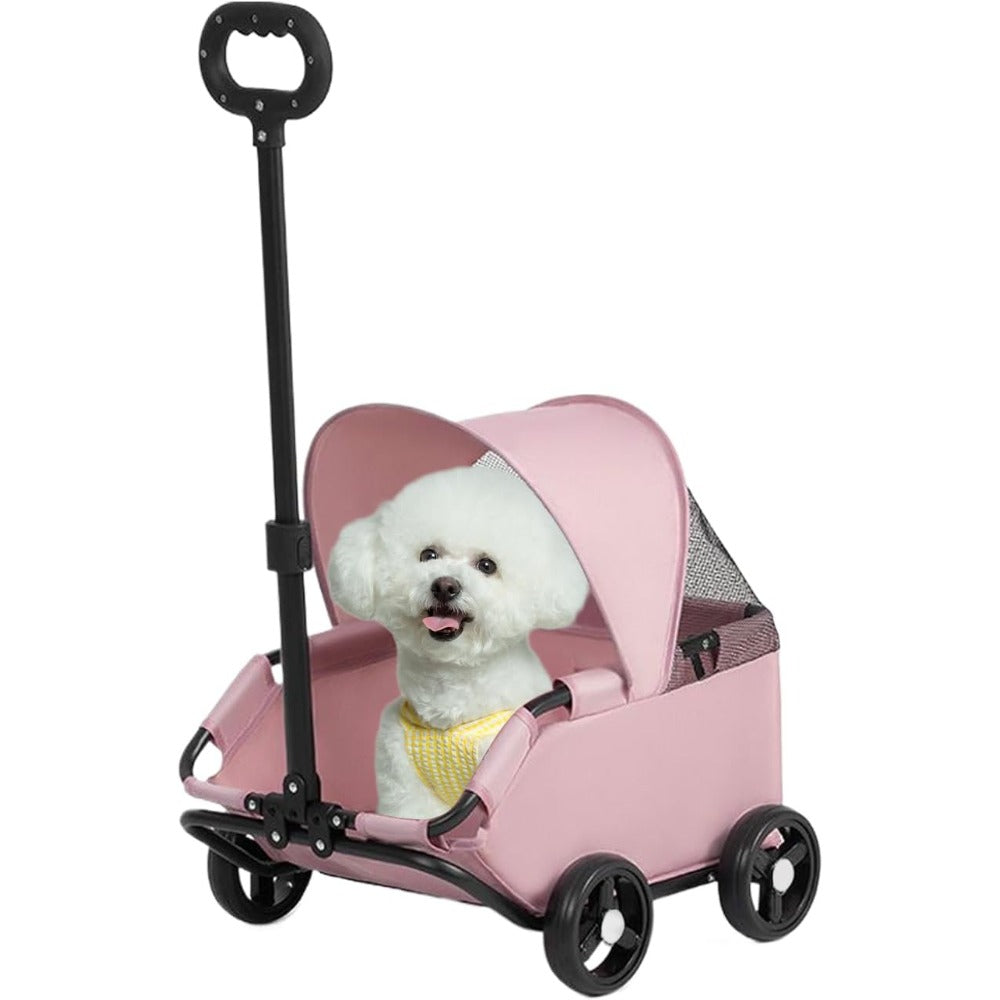 Pet Stroller with Wheels, Four-Wheel Retractable Handle Canopy - Pink option