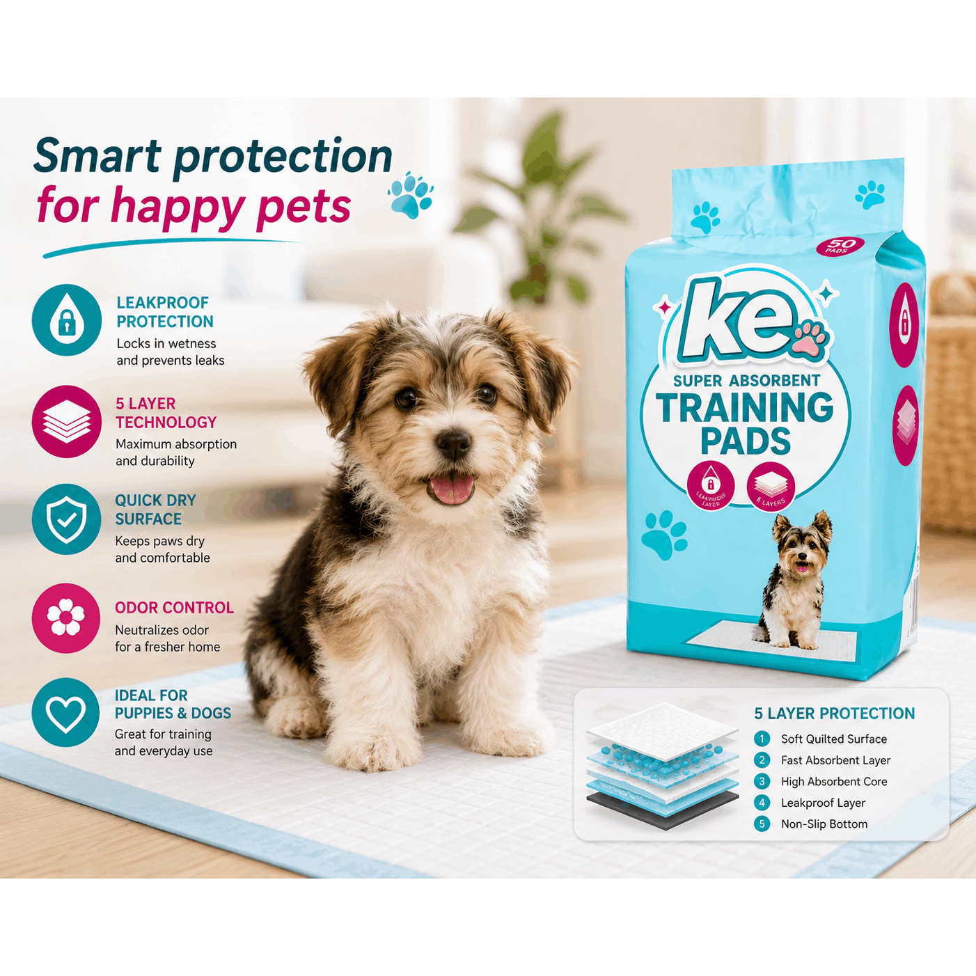 Pet Training Pad with pack 1(50 pieces), Puppy Pads 60x45cm Absorbent - product gallery image 3