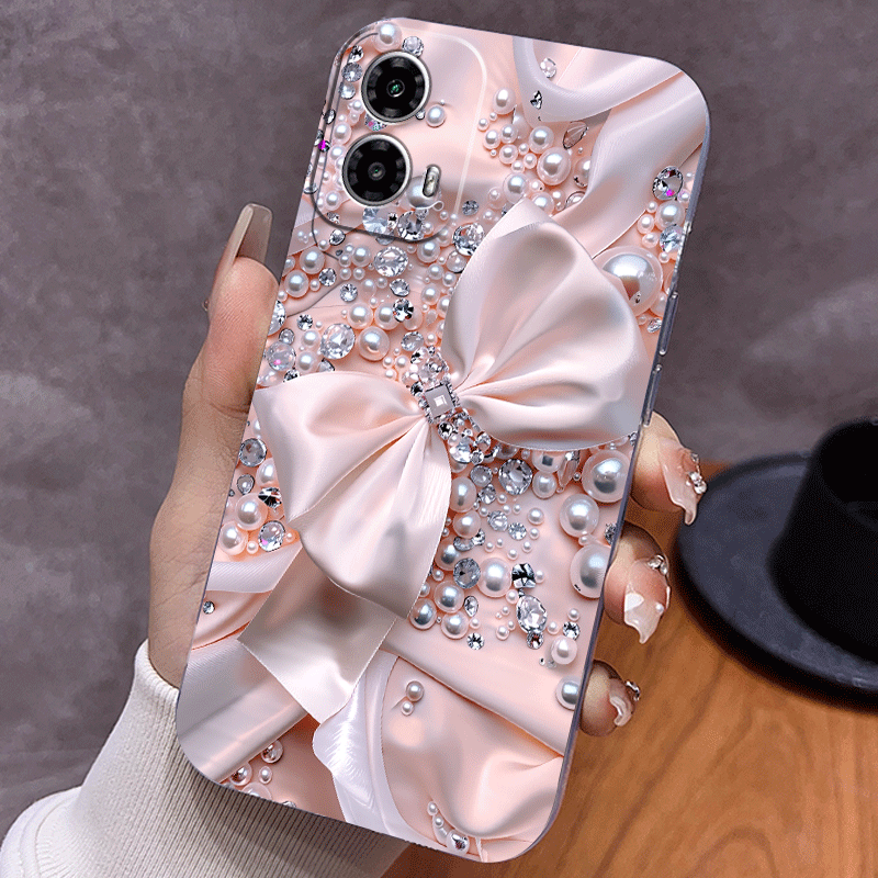 Phone Case Pink Satin Bow Pearl Crystal iPhone with Wireless - Transparent, iPhone 16e option