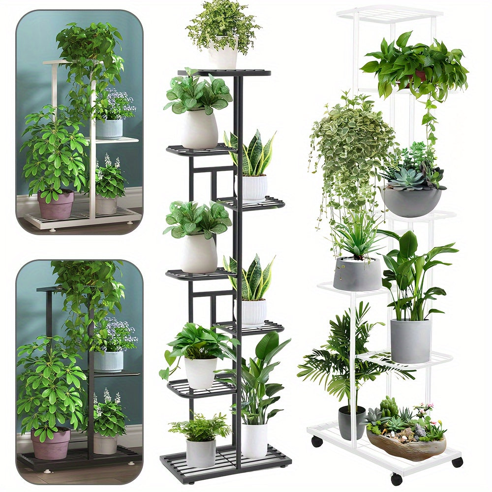 Plant Stand with Space-Saving, Foldable, Wheels, Metal, 7 Layers