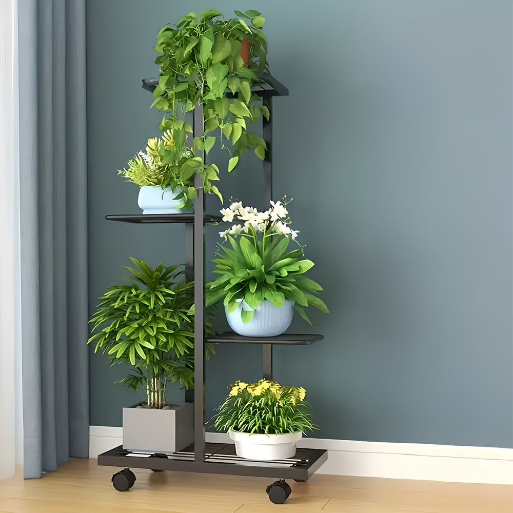 Plant Stand with Space-Saving, Wheels, Metal, Tiered Metal Wheels Tier Indoor Outdoor - Black - Four Layers And Five Discs option