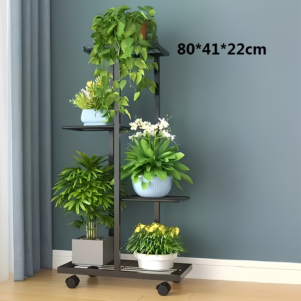 Plant Stand with Space-Saving, Wheels, Metal, Tiered Metal Wheels Tier Indoor Outdoor - Black - Four-tier, five-tray 80*41*22cm option
