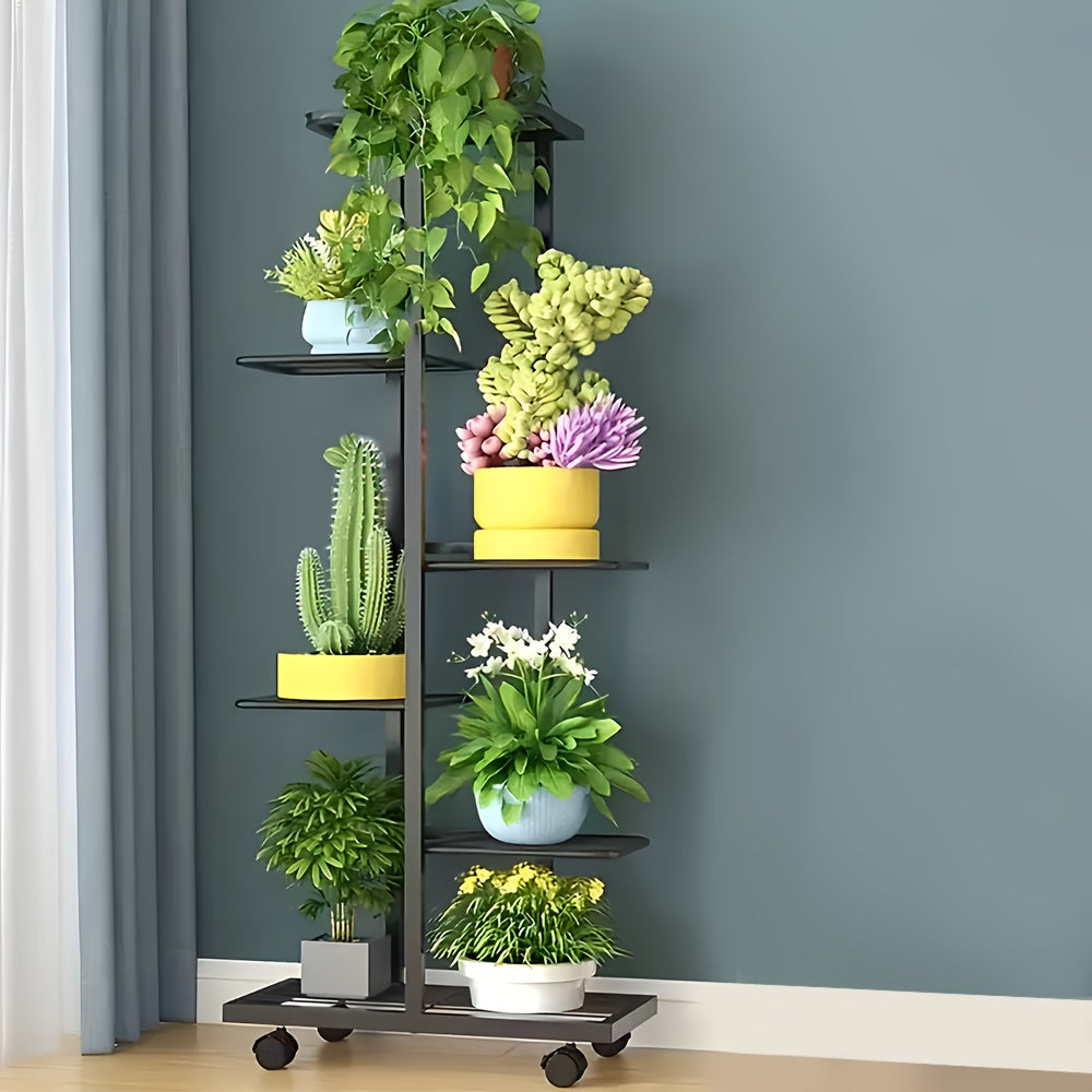 Plant Stand with Space-Saving, Wheels, Metal, Tiered Metal Wheels Tier Indoor Outdoor - Black - Six Layers, Seven Trays option
