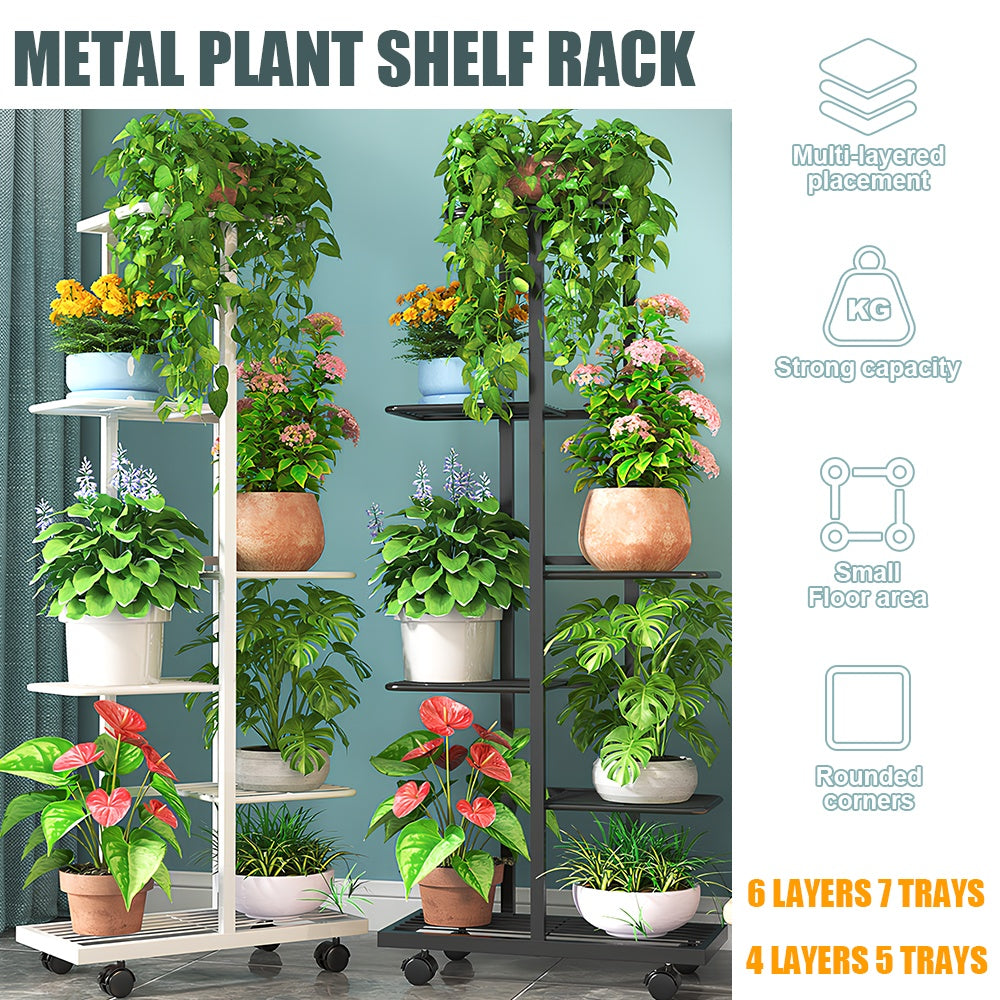 Plant Stand with Space-Saving, Wheels, Metal, Tiered Metal Wheels Tier Indoor Outdoor