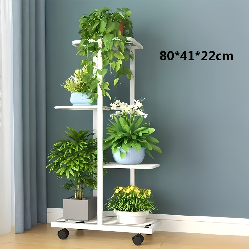 Plant Stand with Space-Saving, Wheels, Metal, Tiered Metal Wheels Tier Indoor Outdoor - White - Four tiers, five trays, 80*41*22cm option
