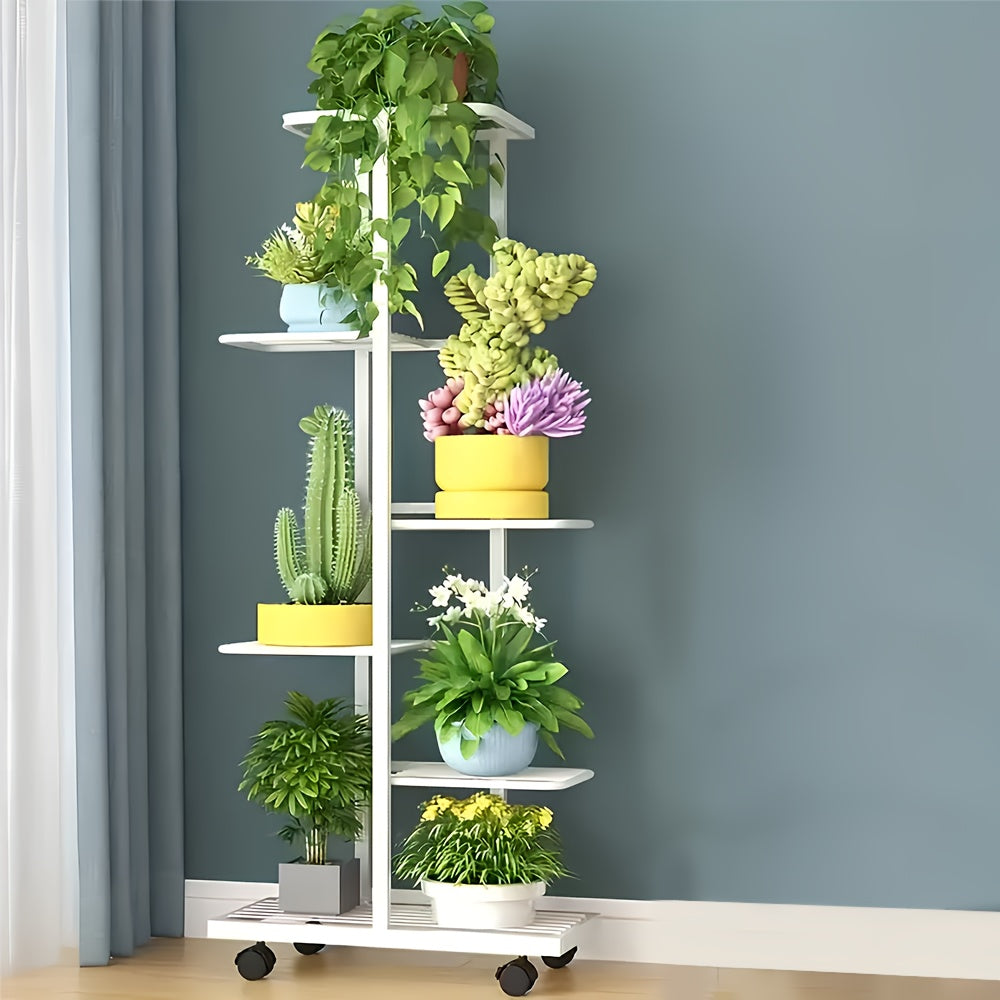 Plant Stand with Space-Saving, Wheels, Metal, Tiered Metal Wheels Tier Indoor Outdoor - White - Six Layers Seven Trays option