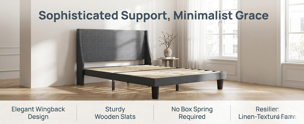 Platform Bed Frame with 300kg, Wood, Double 4FT6 Wingback Headboard Solid Wood - product gallery image 11