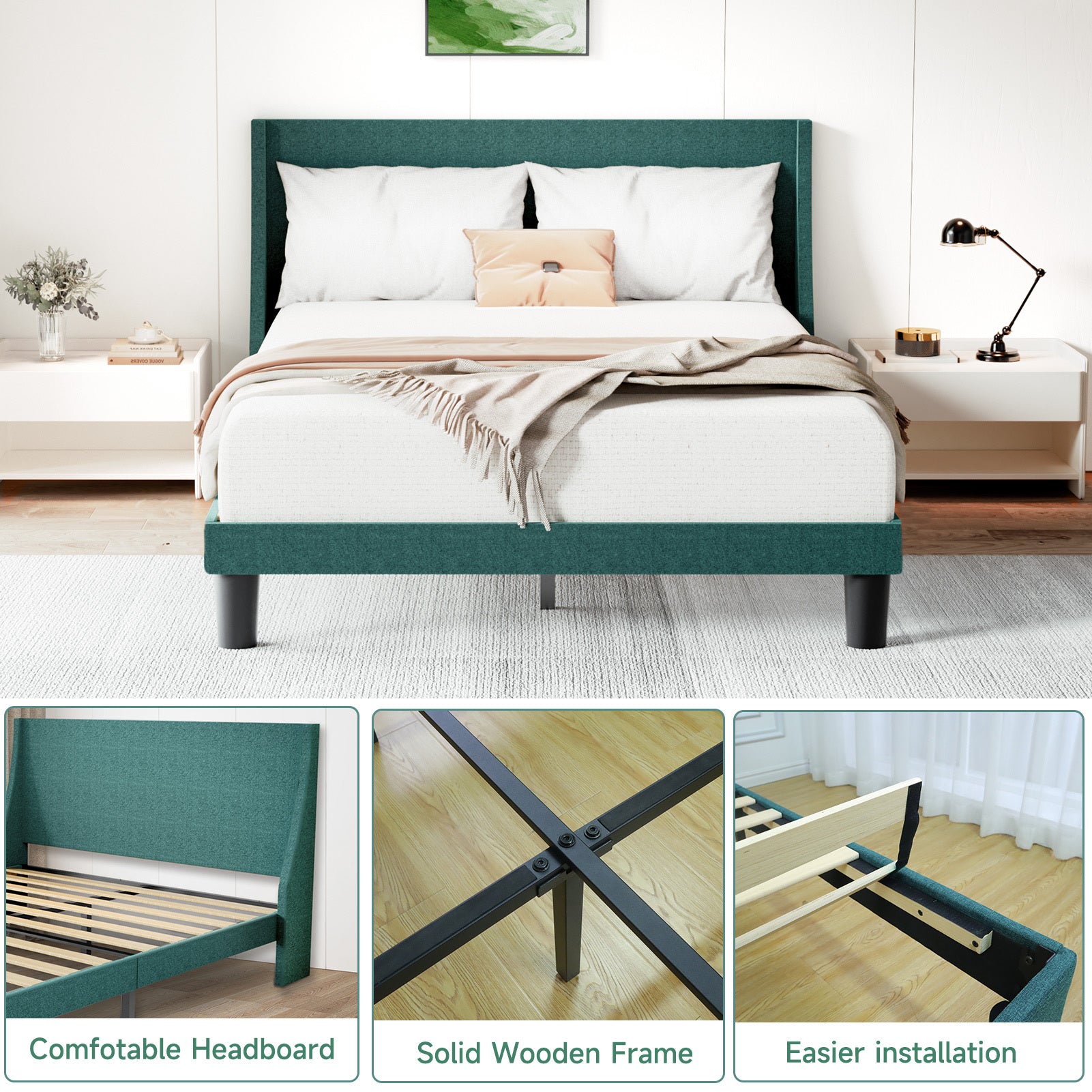 Platform Bed Frame with 300kg, Wood, Double 4FT6 Wingback Headboard Solid Wood - product gallery image 18