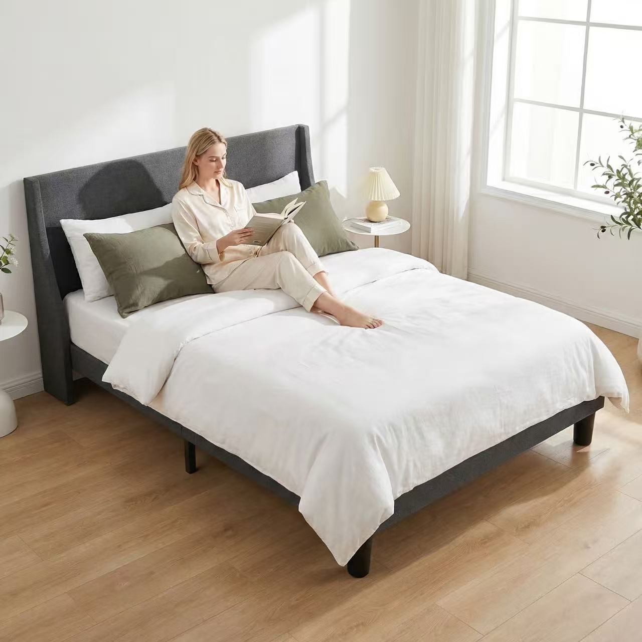 Platform Bed Frame with 300kg, Wood, Double 4FT6 Wingback Headboard Solid Wood - product gallery image 3