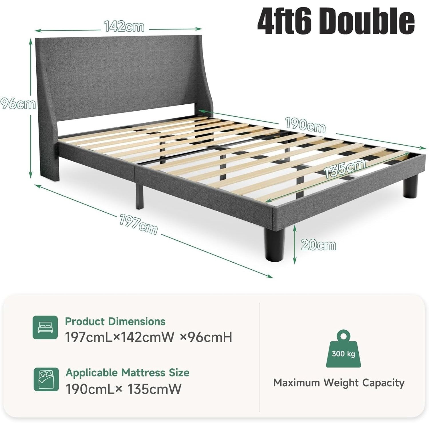 Platform Bed Frame with 300kg, Wood, Double 4FT6 Wingback Headboard Solid Wood - product gallery image 5