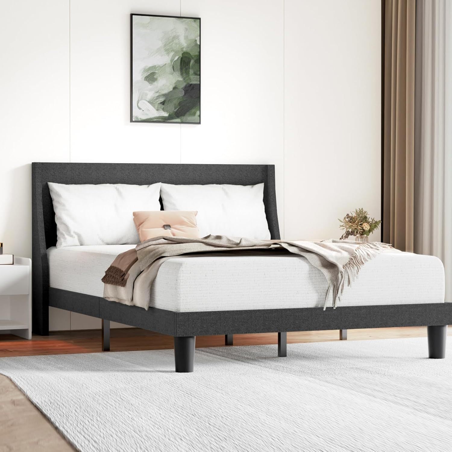 Platform Bed Frame with 300kg, Wood, Double 4FT6 Wingback Headboard Solid Wood - Grey 135 x 190 cm option