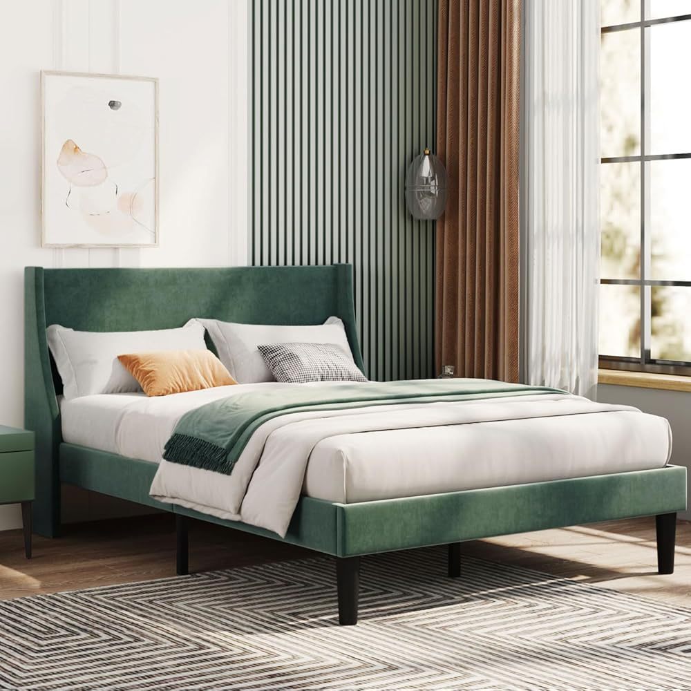 Platform Bed Frame with 300kg, Wood, Double 4FT6 Wingback Headboard Solid Wood