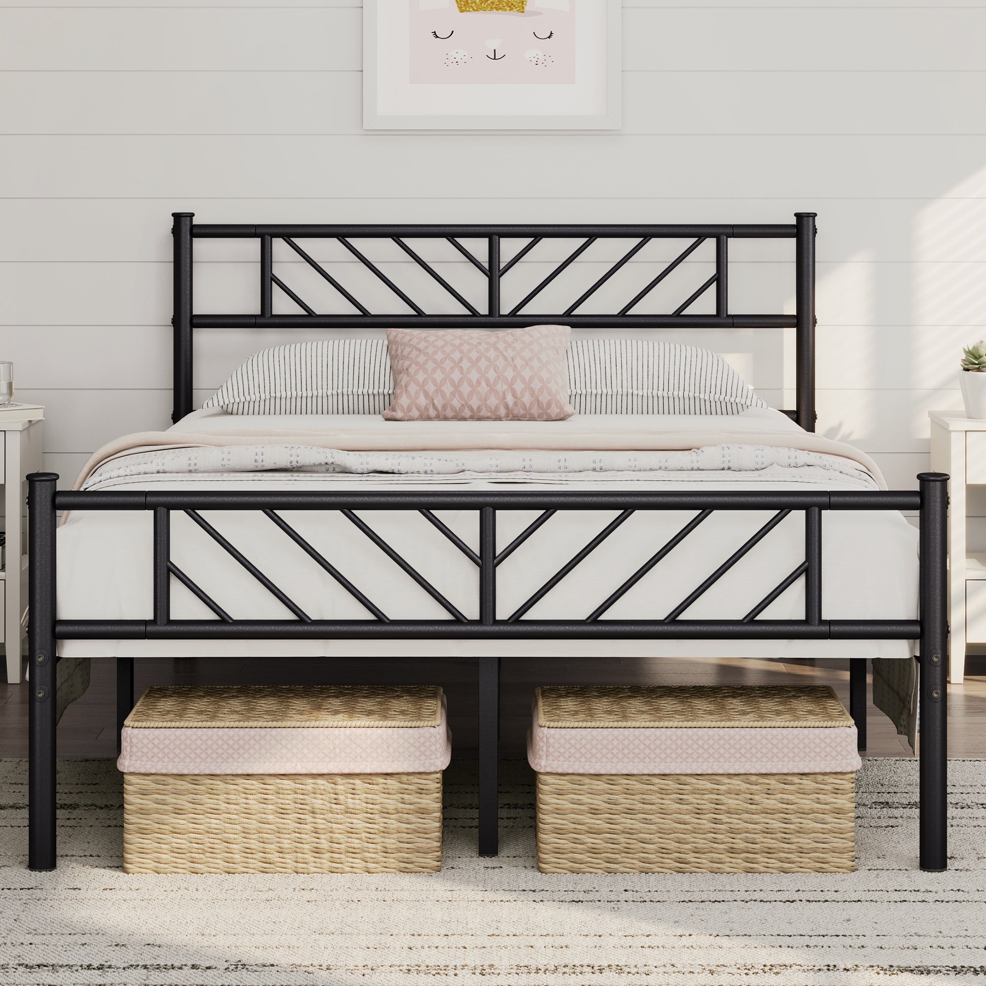 Platform Bed Frame with 32cm, Metal Arrow Headboard Footboard Single Double - Black, 5ft King option