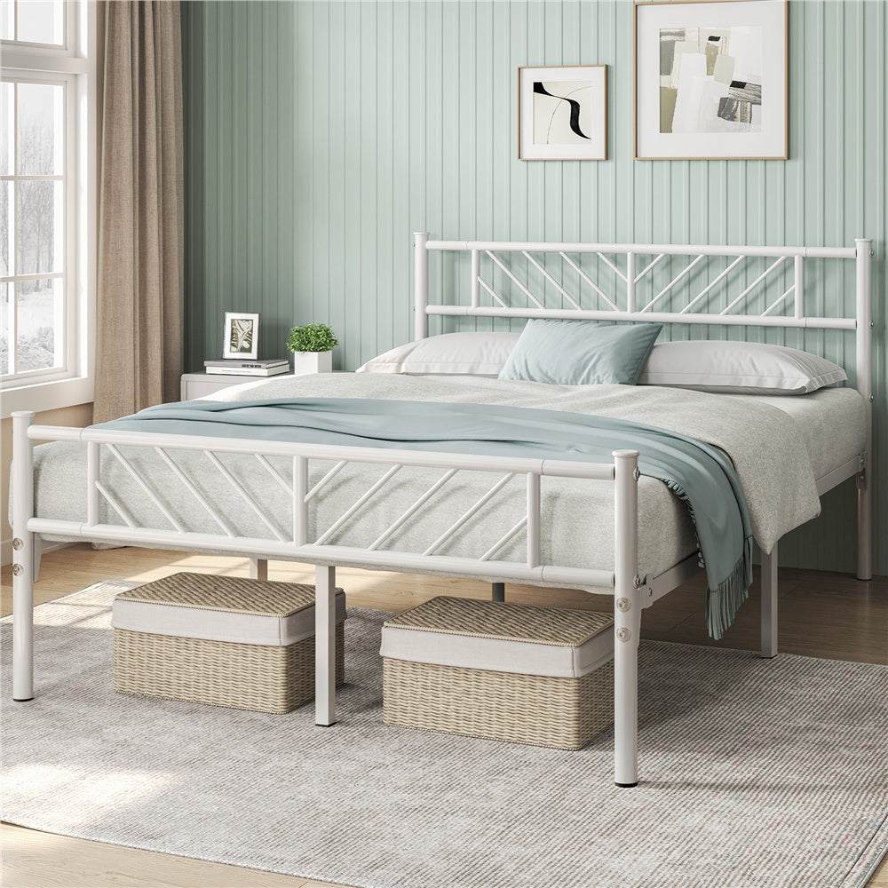 Platform Bed Frame with 32cm, Metal Arrow Headboard Footboard Single Double - White, 4ft6 Double option