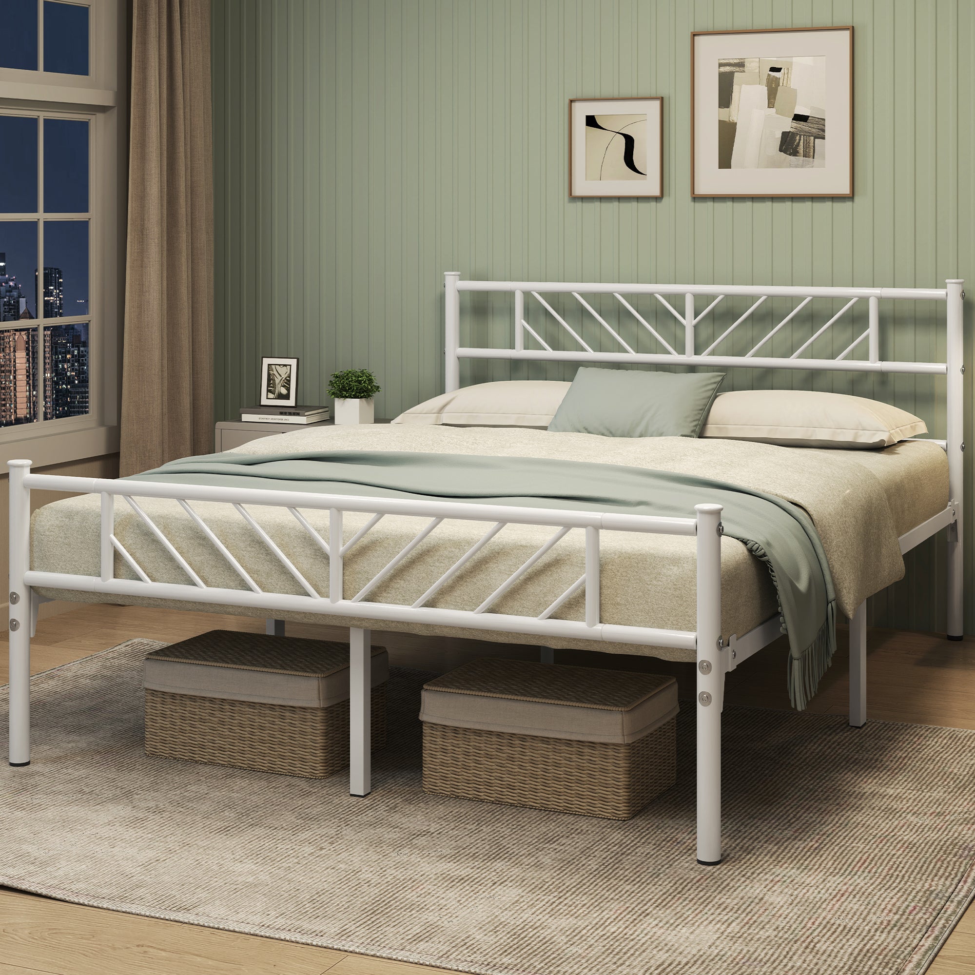 Platform Bed Frame with 32cm, Metal Arrow Headboard Footboard Single Double - White, 5ft King option