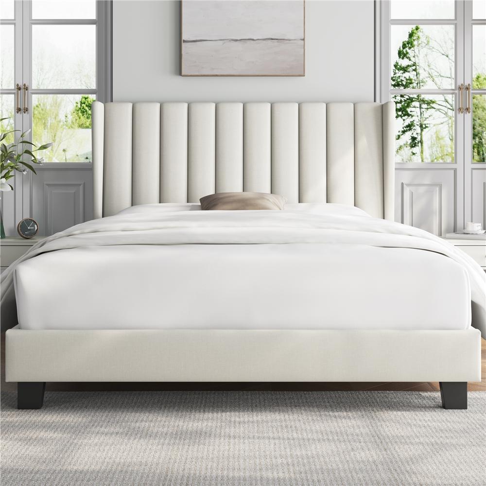 Platform Bed Frame with Freestanding, Metal, Upholstered Channel Tufted Headboard Wing - Beige, King(150×200cm) option