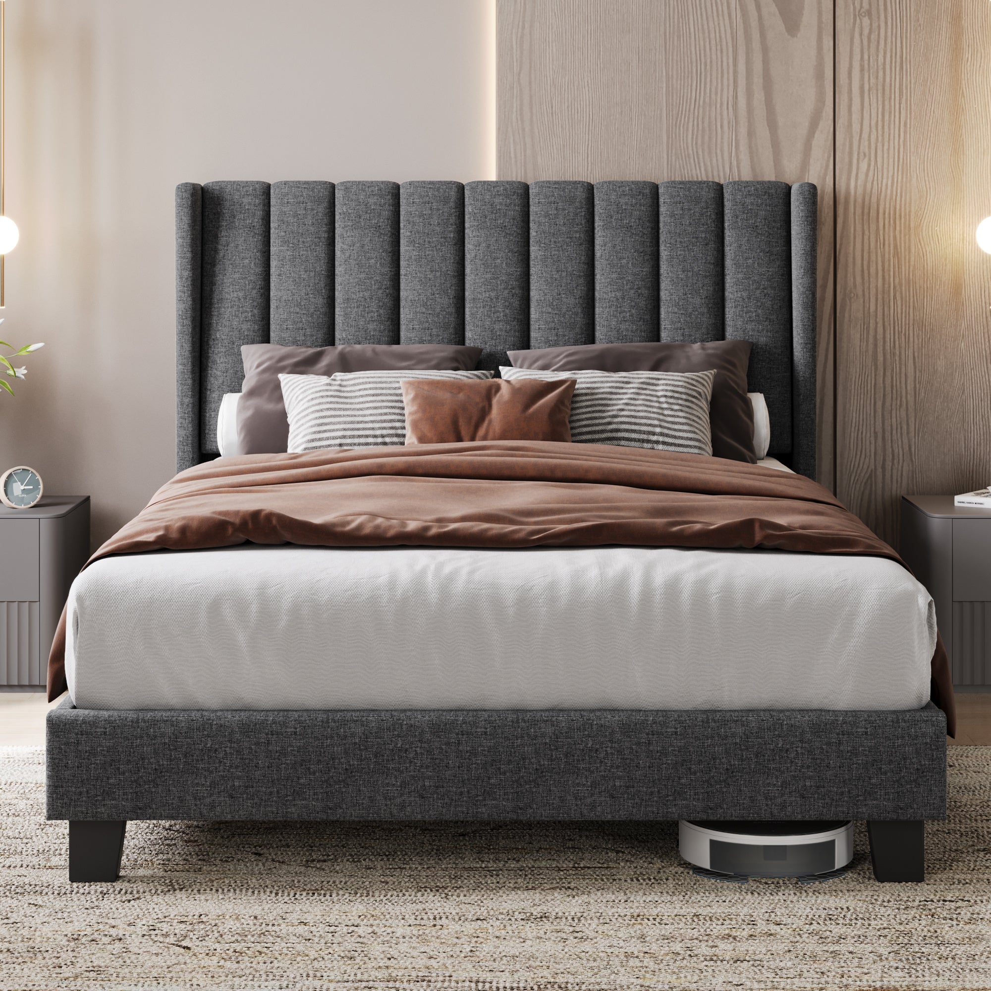Platform Bed Frame with Freestanding, Metal, Upholstered Channel Tufted Headboard Wing - Dark Grey, Double(135×190cm) option