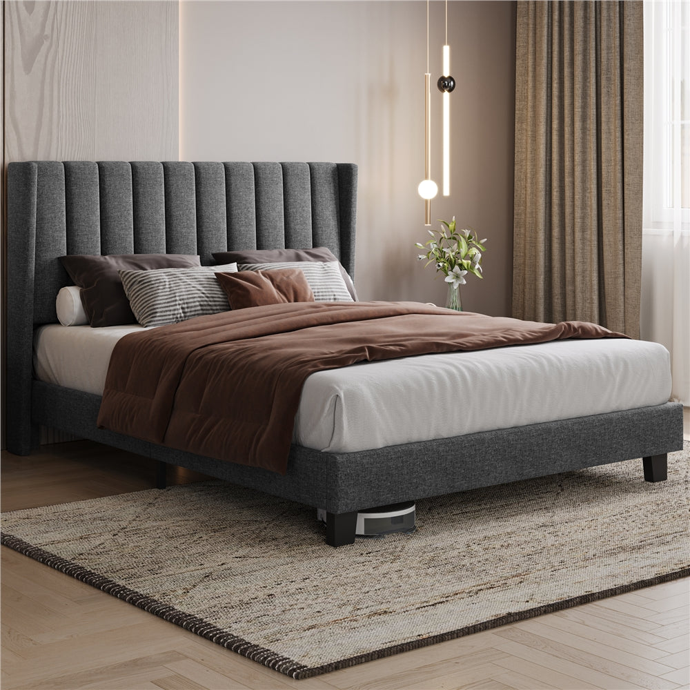 Platform Bed Frame with Freestanding, Metal, Upholstered Channel Tufted Headboard Wing - Dark Grey, King(150×200cm) option