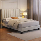 Platform Bed Frame with Freestanding, Metal, Upholstered Channel Tufted Headboard Wing