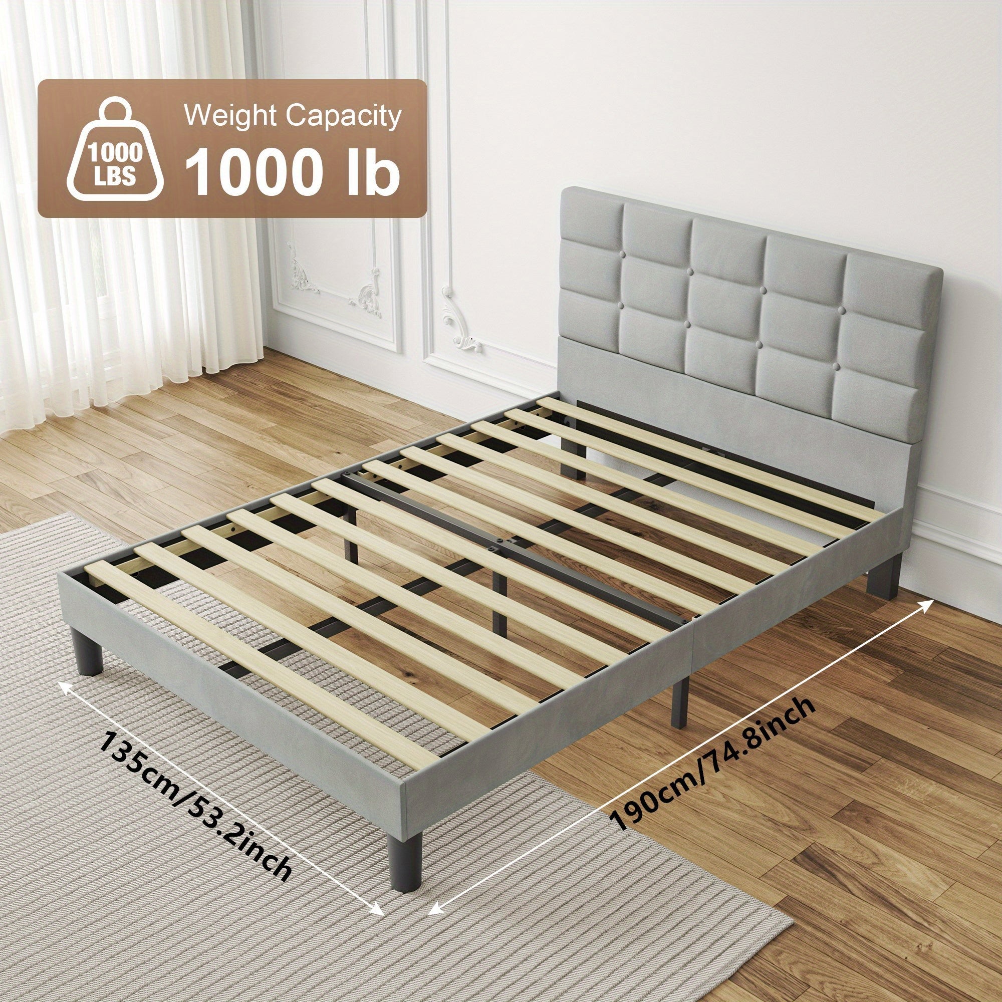 Platform Bed Frame with Velvet Headboard Slats - Light Grey, Double (135x190cm) option